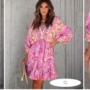 SKYLAR FLORAL TASSEL TIE MINI DRESS - PINK/PEACH- SIZE M